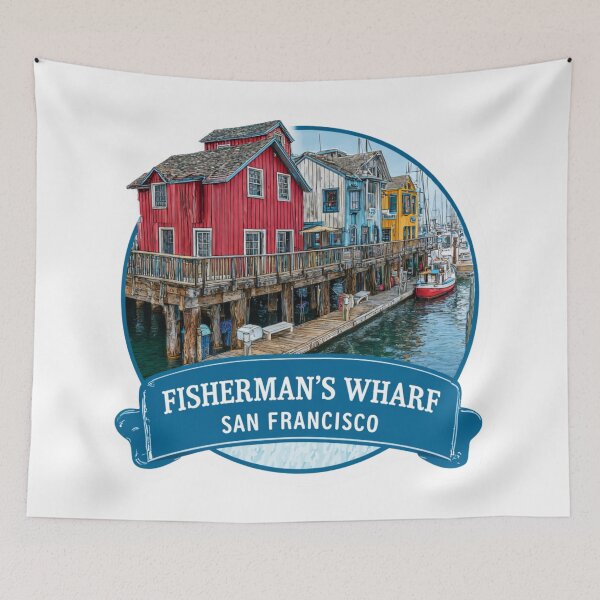 Item preview, Fisherman's Wharf San Francisco Vintage Travel Badge - Colorful Waterfront Pier Buildings   Bay Area Maritime Harbor designed and sold by Blurbean.