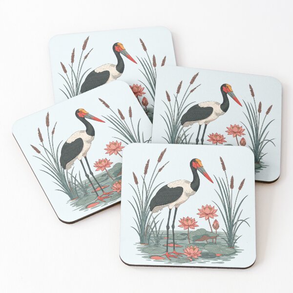 Item preview, Saddle-Billed Stork in Lotus Wetland Illustration designed and sold by BirdsnStuff.