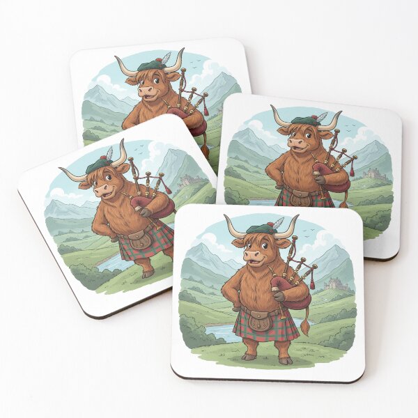 Item preview, Highland Cow Bagpiper - Scottish Heilan Coo in Kilt Illustration designed and sold by Loom on the Loch.
