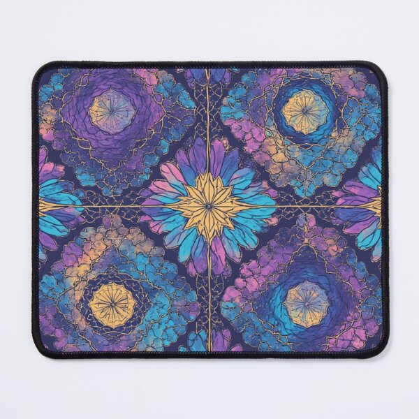 Aperçu de l'œuvre Motif kaléidoscopique floral complexe dans les tons de bleu, violet et or créée et vendue par Virtuals1.