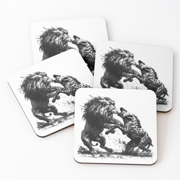 Item preview, Epic Lion vs Hyena Fight – Black and White Wildlife Battle Art designed and sold by inkoutninja.