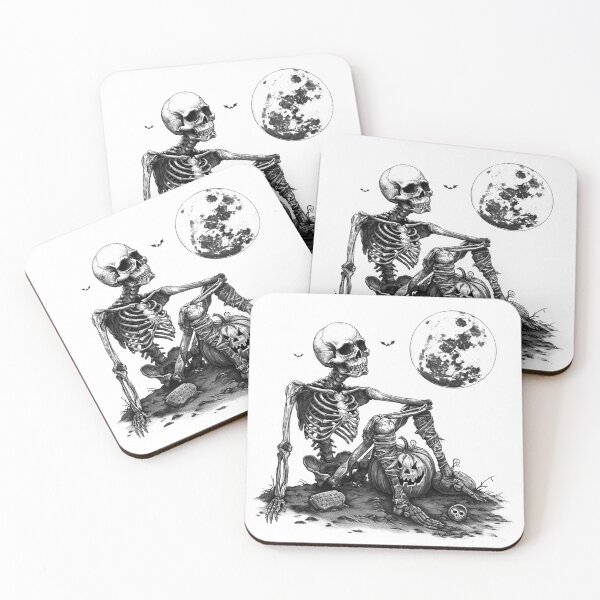 Item preview, Skeleton in Graveyard – Halloween Moonlight Scene in Black and White designed and sold by inkoutninja.