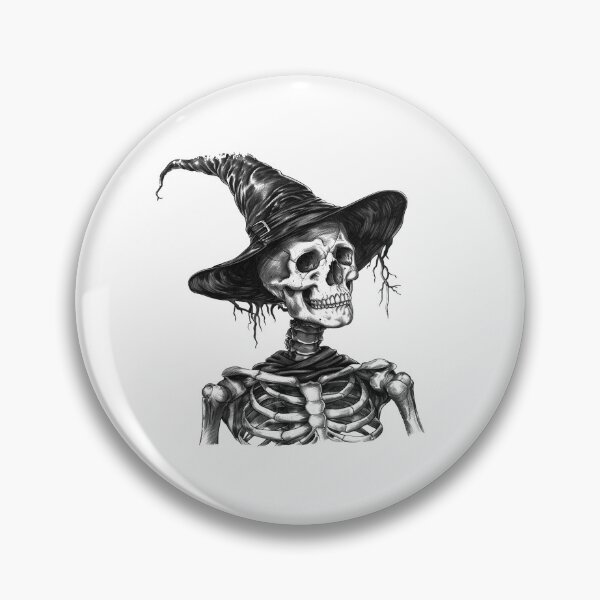 Item preview, Witch Hat Skeleton – Gothic Halloween Illustration in Black and White designed and sold by inkoutninja.