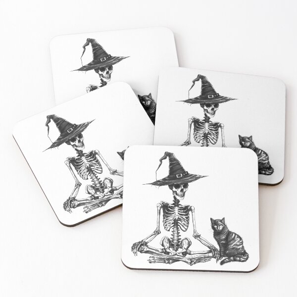 Item preview, Witch Skeleton and Black Cat – Spooky Cute Halloween Illustration in Black and White designed and sold by inkoutninja.