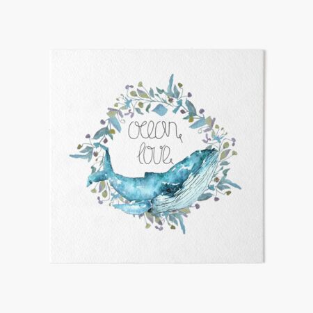Hand paint watercolor fashion sea pattern. Nature theme. Whale. Lettering. Flower. Art Board Print