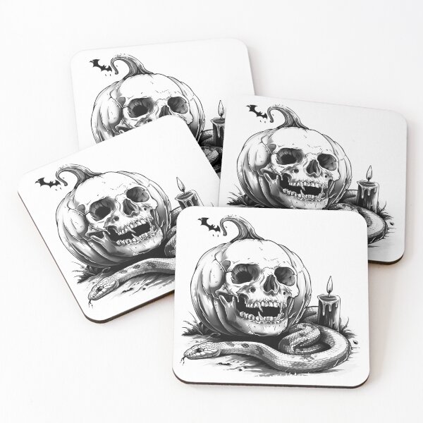 Item preview, Skull Pumpkin with Snake – Gothic Halloween Horror Illustration in Black and White designed and sold by inkoutninja.