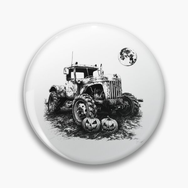 Item preview, Haunted Tractor with Pumpkins – Rustic Halloween Illustration in Black and White designed and sold by inkoutninja.