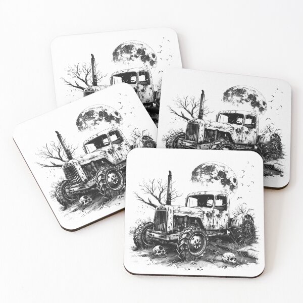 Item preview, Haunted Tractor and Skulls – Gothic Farm Horror Illustration in Black and White designed and sold by inkoutninja.