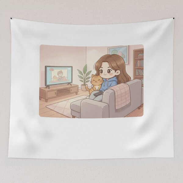 Item preview, Girl and Orange Cat Watching TV at Home designed and sold by Sweet Moments.