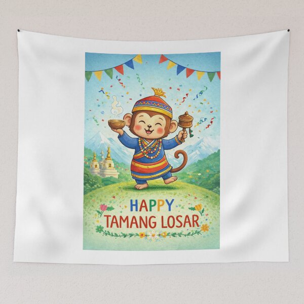 Item preview, Tamang Losar Monkey Nepali with Himalayan Mountains and Traditional Attire designed and sold by Aryabek.