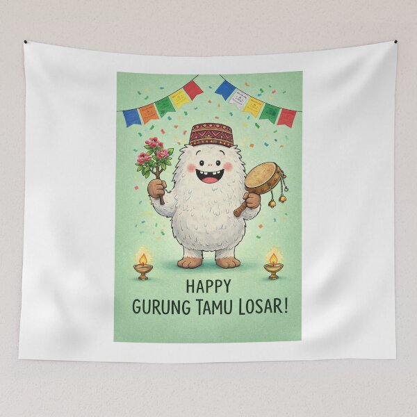 Item preview, Gurung Tamu Losar Yeti Nepal con banderas de oración y celebración tradicional designed and sold by Aryabek.