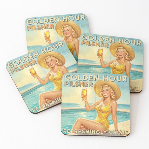 Item preview, Golden Hour Pilsner – Vintage 1950s Style Pin-Up Girl Beer Advertisement designed and sold by Cozy-Old-Pub.