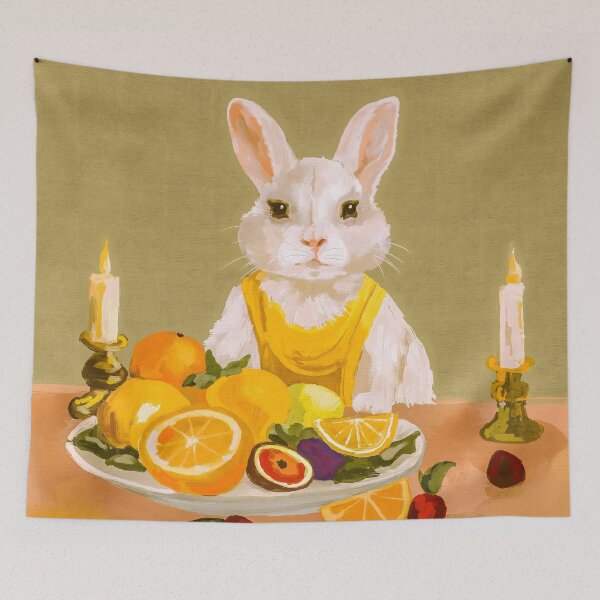 Item preview, Rabbit candlelit fruit Dinner oil painting stilllife  designed and sold by SILVERAPPLE.