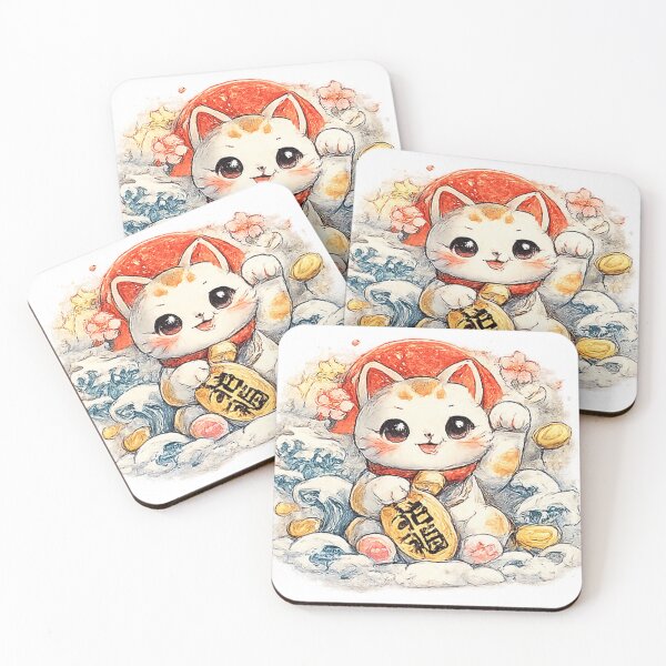 Item preview, Maneki-neko Lucky Cat with Koban – Waves & Rising Sun (Japan Watercolor) designed and sold by Kallandra.