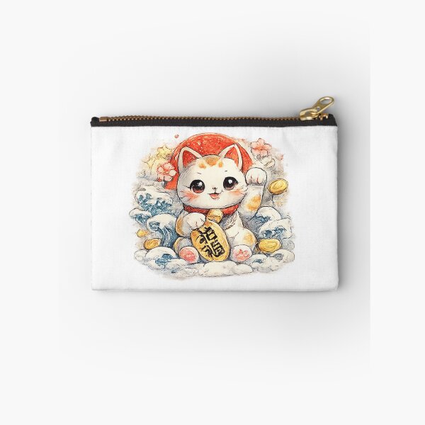 Item preview, Maneki-neko Lucky Cat with Koban – Waves & Rising Sun (Japan Watercolor) designed and sold by Kallandra.