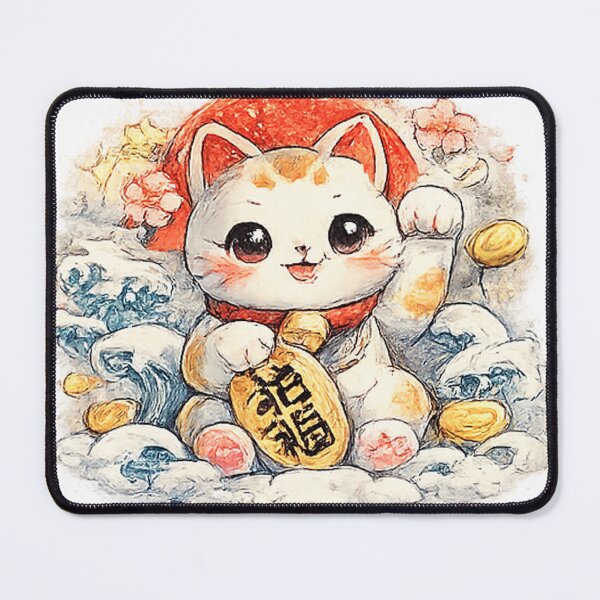 Item preview, Maneki-neko Lucky Cat with Koban – Waves & Rising Sun (Japan Watercolor) designed and sold by Kallandra.