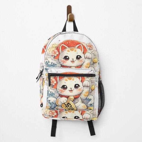 Item preview, Maneki-neko Lucky Cat with Koban – Waves & Rising Sun (Japan Watercolor) designed and sold by Kallandra.