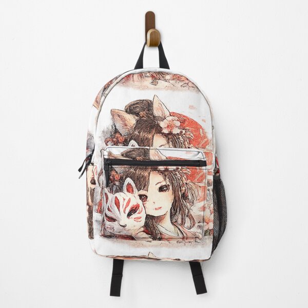 Item preview, Kitsune Girl with Fox Mask & Sakura – Japanese Watercolor Portrait designed and sold by Kallandra.