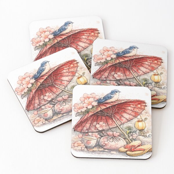 Item preview, Japanese Wagasa Umbrella with Geta & Sakura – Traditional Still Life Watercolor designed and sold by Kallandra.