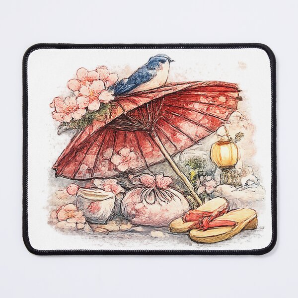 Item preview, Japanese Wagasa Umbrella with Geta & Sakura – Traditional Still Life Watercolor designed and sold by Kallandra.
