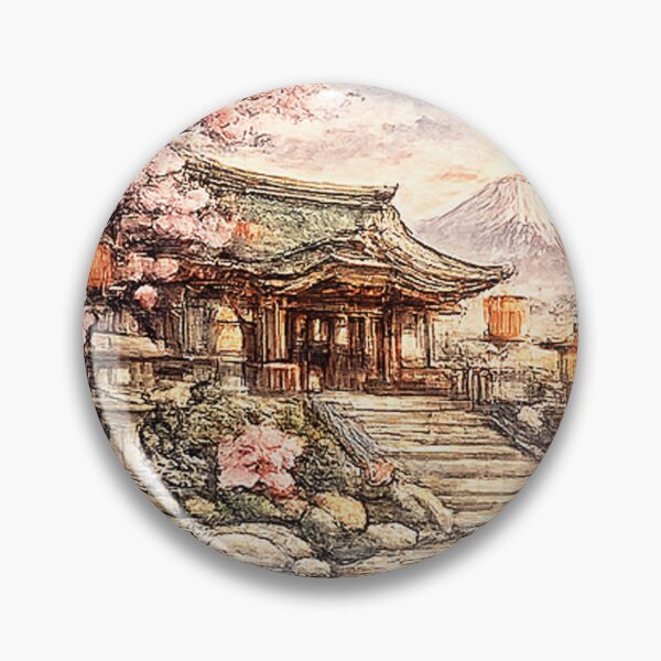 Item preview, Japanese temple courtyard with stairs & Mount Fuji – Sakura watercolor scene designed and sold by Kallandra.