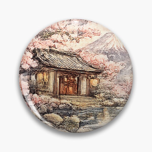Item preview, Apanic tea house by the stream with Fuji - Sakura watercolor nature motif designed and sold by Kallandra.