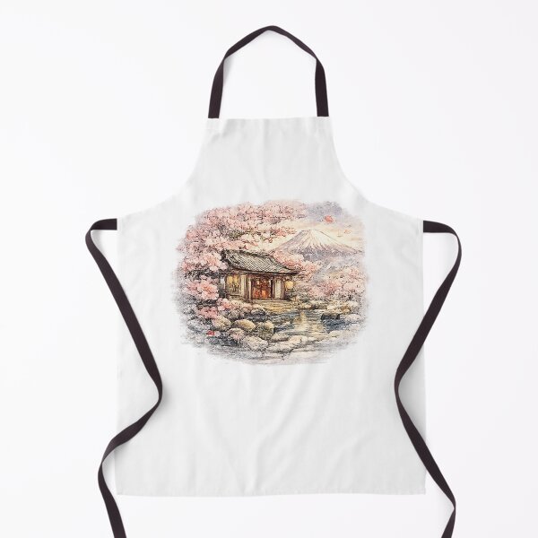 Aperçu de l'œuvre Maison de thé panéenne au bord du ruisseau avec motif nature aquarelle Fuji - Sakura créée et vendue par Kallandra.