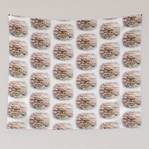 Item preview, Apanic tea house by the stream with Fuji - Sakura watercolor nature motif designed and sold by Kallandra.