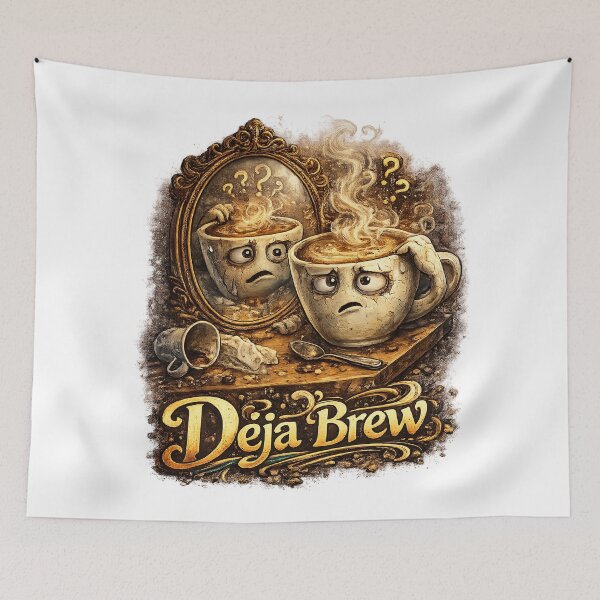 Item preview, Déjà Brew – Confused Coffee Cup Mirror Pun Illustration designed and sold by StrayaDesign.