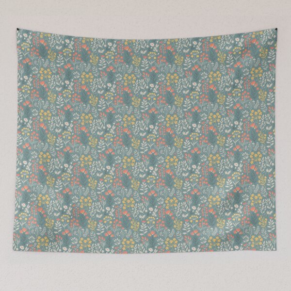 Item preview, Whimsical Pastel Meadow – Teal, Coral & Butter Yellow Wildflowers designed and sold by VelloomStore.