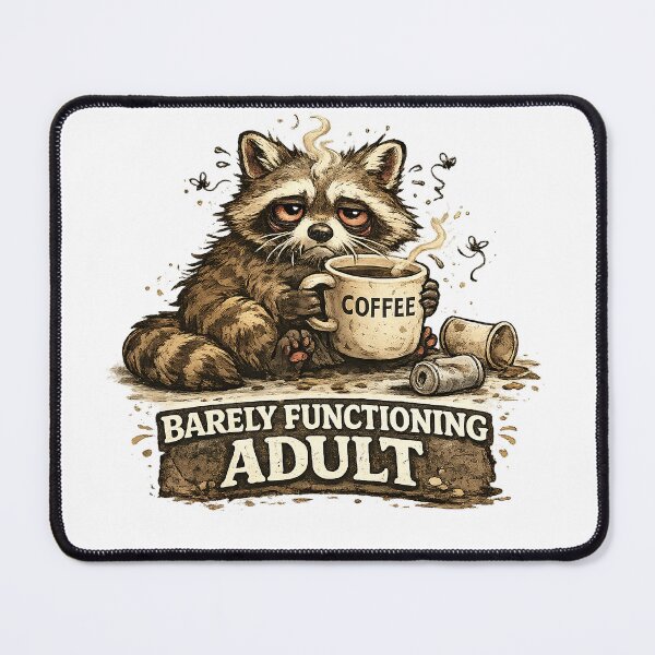 Item preview, Barely Functioning Adult – Sleepy Raccoon Coffee Illustration designed and sold by StrayaDesign.
