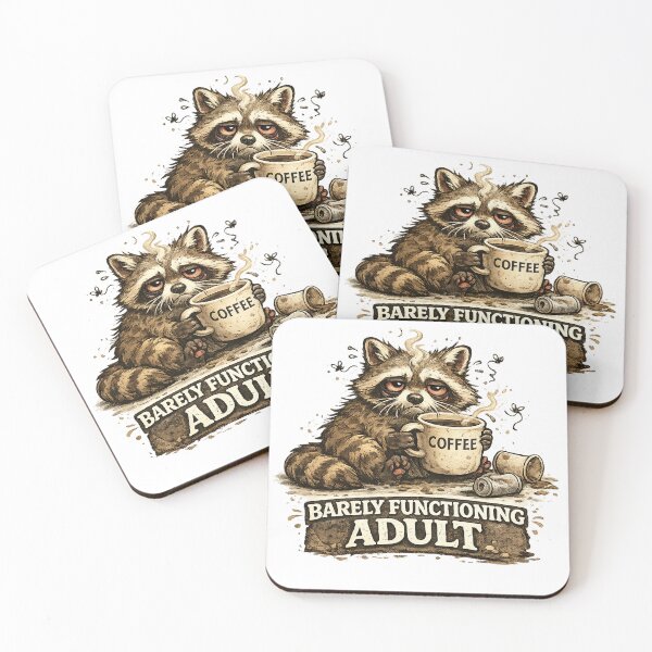 Item preview, Barely Functioning Adult – Sleepy Raccoon Coffee Illustration designed and sold by StrayaDesign.