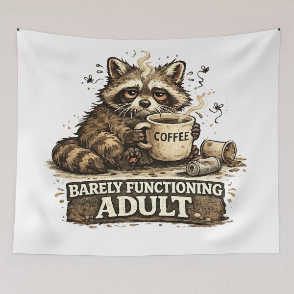Item preview, Barely Functioning Adult – Sleepy Raccoon Coffee Illustration designed and sold by StrayaDesign.