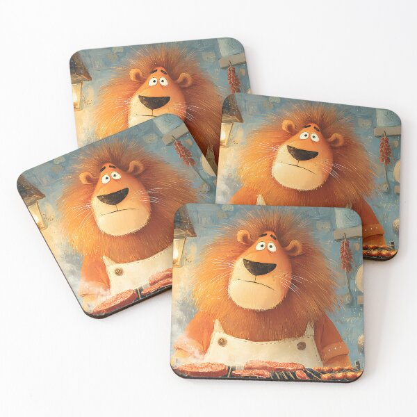 Item preview, A lion chef grilling meat in a cozy kitchen scene designed and sold by Artessie.