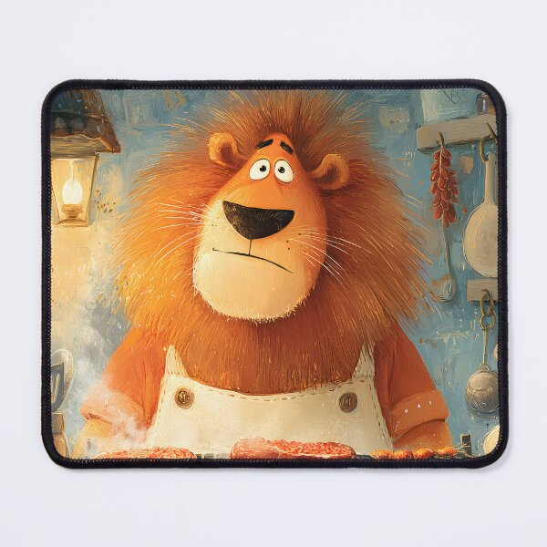 Item preview, A lion chef grilling meat in a cozy kitchen scene designed and sold by Artessie.