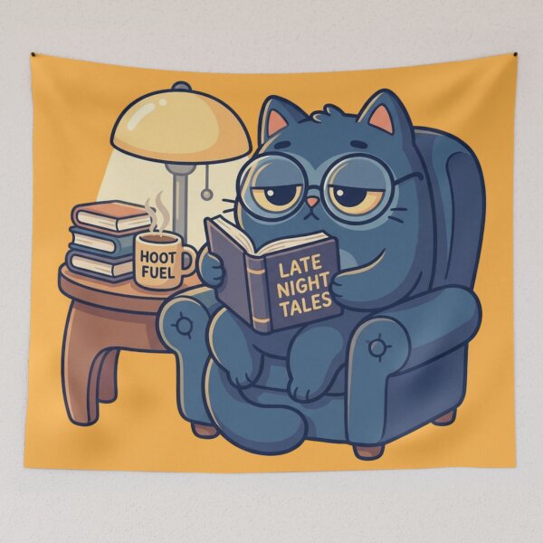 Item preview, Night Owl Cat Reading Art - Dark Academia Midnight Scholar - Cozy Late Night Coffee & Books Illustration designed and sold by HappySproutArt.