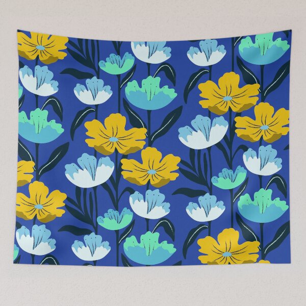 Item preview, Vibrant blooming tropical flowers in blue and yellow designed and sold by Jennifer Ladd.