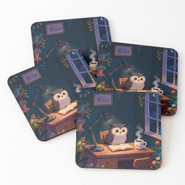Item preview, Wise Little Owl Reading Art - Cozy Nursery Night Illustration - Scholarly Owl with Tea & Lamp Decor designed and sold by HappySproutArt.
