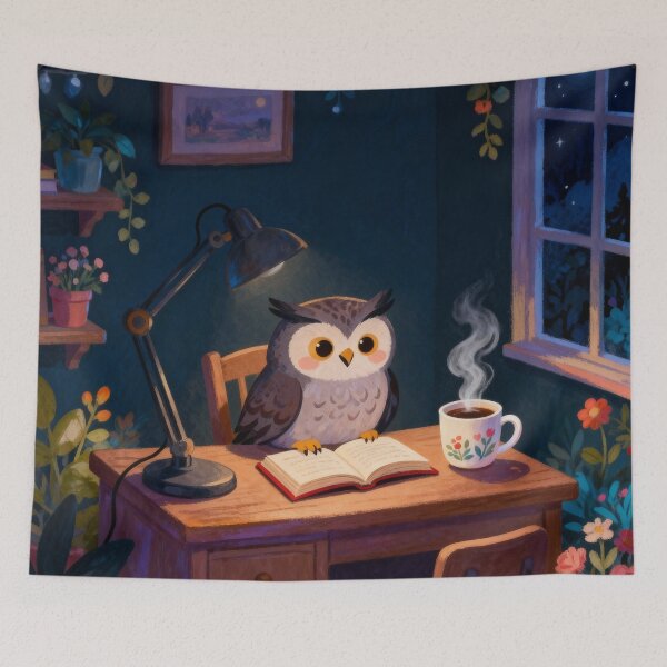 Item preview, Wise Little Owl Reading Art - Cozy Nursery Night Illustration - Scholarly Owl with Tea & Lamp Decor designed and sold by HappySproutArt.