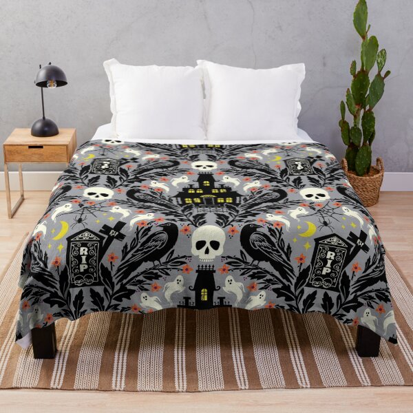 Item preview, Halloween damask with haunted house, skulls, and ravens designed and sold by Jennifer Ladd.