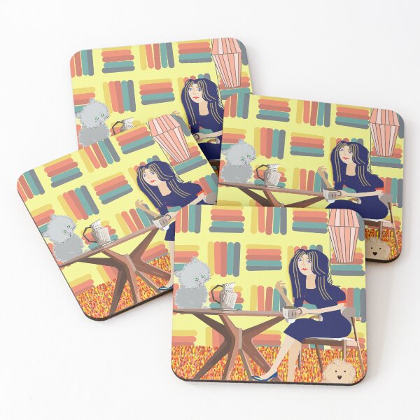 Item preview, Cozy Café Companions: Woman with Cat and Dog in Vibrant Retro Setting designed and sold by MidModMagic.