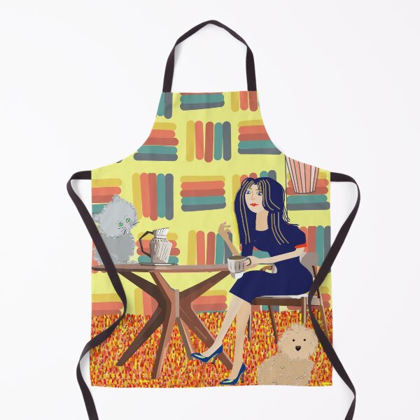 Item preview, Cozy Café Companions: Woman with Cat and Dog in Vibrant Retro Setting designed and sold by MidModMagic.