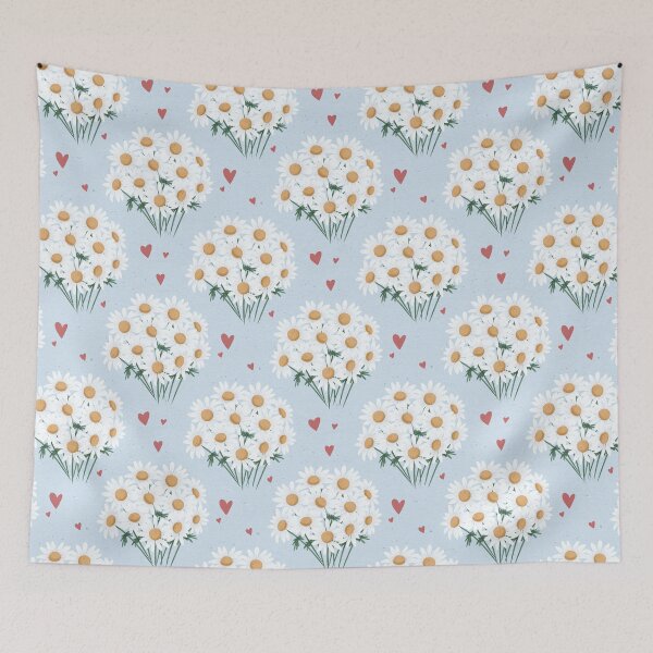 Item preview, Daisy bouquet and hearts pattern on textured spotted blue background  designed and sold by SaltyCoveStudio.