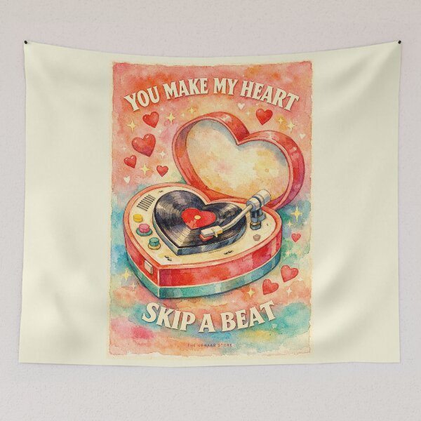Item preview, You Make My Heart Skip a Beat – Cute Watercolor Heart Record Player Illustration designed and sold by The Uphaar Store.