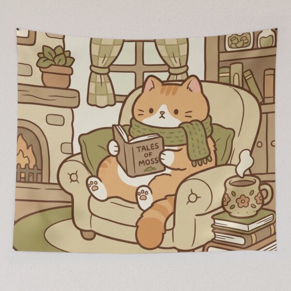 Item preview, Cozy Reading Cat Illustration – Cute Cat with Book by Fireplace, Cottagecore Book Lover Art designed and sold by HappySproutArt.