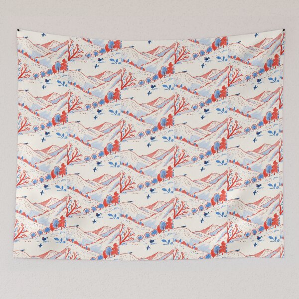 Item preview, Red Blue Mountains Whimsical Folk Art Sketch designed and sold by zzz888.