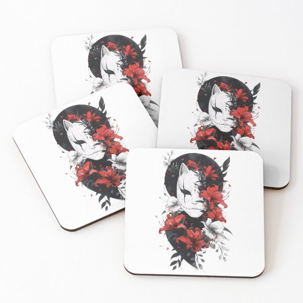 Item preview, Kitsune Mask in Bloom – Dark Japanese Floral Art designed and sold by Carftastic.