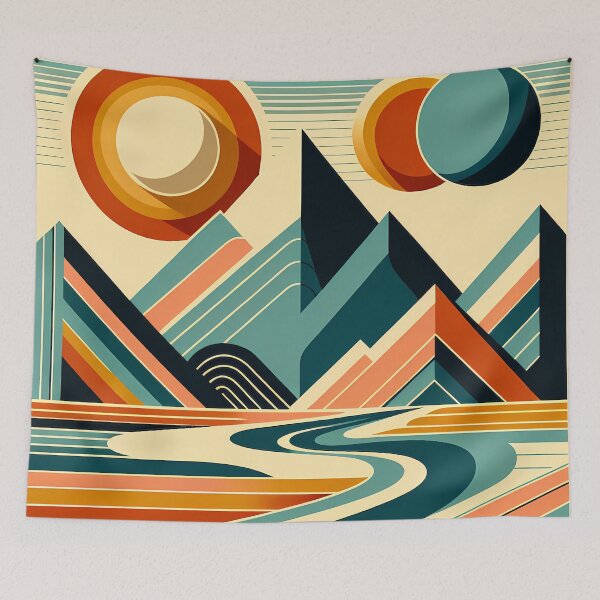 Item preview, Geometric Mountains with Twin Suns and River designed and sold by InkSmithery.