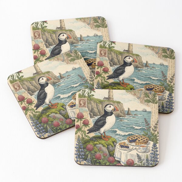 Item preview, Vintage Puffin and Coastal Lighthouse Postcard designed and sold by CoffeeinBloom.