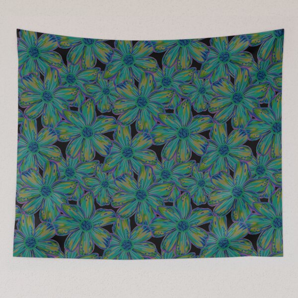 Item preview, Maximalist Painterly Bold Florals Teal Chartreuse on Black designed and sold by thecolorbirdie.